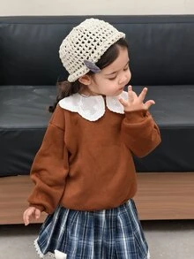 Dazy Kids Spädbarn (flicka) färgblockig långärmad sweatshirt i koreansk stil för vår/höst och vinter - Kaffebrun - Visa 5