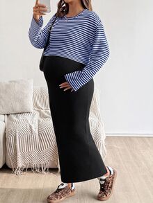SHEIN 2件套：羅根袖條紋上衣與純色修身孕婦套裝，適合秋季 - 藏蓝色 - 查看 7