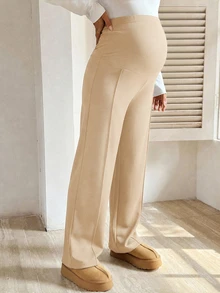 SHEIN 孕婦純色可調腰圍直筒寬鬆休閒長褲 - 卡其色 - 查看 5