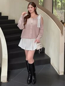 Bijouette Plus Size Women's Shoulder Bow Decor Cutout Design Single-Breasted Knit Cardigan - Pink - View 4
