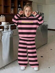 Teen Girl Letter Graphic Striped Hoodie And Pants Set - Multicolor - View 4