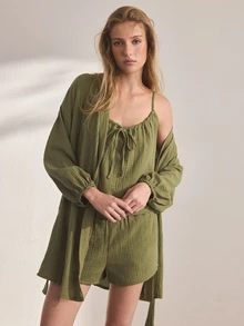 Ocili Leisure Pure Cotton Double-Layer Crepe Minimalist Comfortable Neutral Soft Long Sleeve Robe Sleepwear Women's Loungewear - Dark Green - View 4