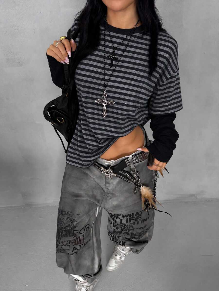 Coolane Women's Striped 2 In 1 Patchwork Casual Everyday T-Shirt - Black - View 1