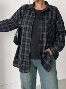 Dazy Plus Loose Plaid Street Casual Preppy Style Thickened Shirt, Spring/Autumn New Arrival - Navy Blue - View 4