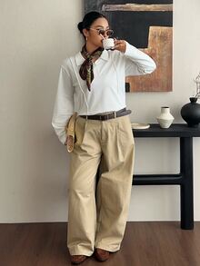Dazy Plus Minimalist Half-Button Front Casual White Long Sleeve Versatile T-Shirt - White - View 3