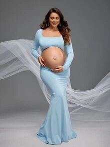 Cheriluna Maternity Maternity Mermaid Hem Dress - Baby Blue - View 5