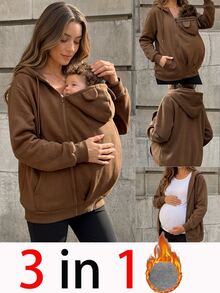 SHEIN Solid Color Long Sleeve 3-In-1 Maternity Jacket For Home Pregnancy Vacation, Autumn/Winter Brown Dressy Baggy - Coffee Brown - View 1