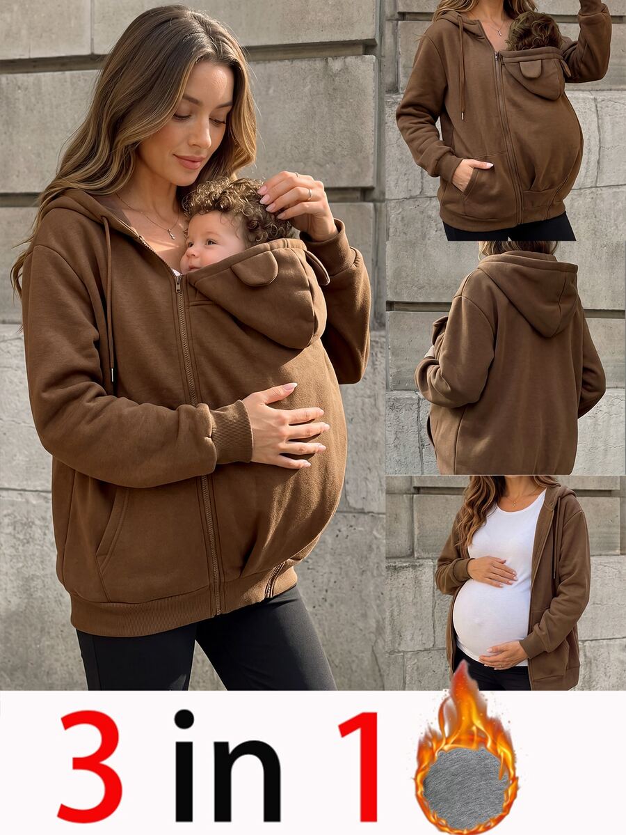 SHEIN Solid Color Long Sleeve 3-In-1 Maternity Jacket For Home Pregnancy Vacation, Autumn/Winter Brown Dressy Baggy - Coffee Brown - View 1