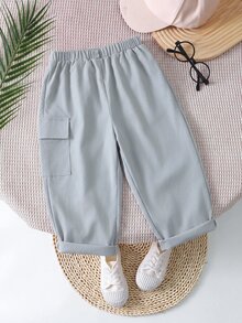 SHEIN 中性嬰兒男/女嬰 100%純棉休閒百搭白色長褲工裝褲，男嬰下身褲，嬰兒褲，Squishy - 灰色 - 查看 2