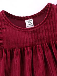 Baby Girl Autumn/Winter Christmas Burgundy Korean Fleece Round Neck Ruffle Long Sleeve Waist-Cinching Dress, Versatile And Comfortable - Burgundy - View 6