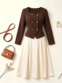 GlowEve CURVE Plus Size Autumn/Winter Elegant Commuter Square Neck Front Metal Button Jacket & A-Line Skirt 2 Pieces Set - Coffee Brown - View 3