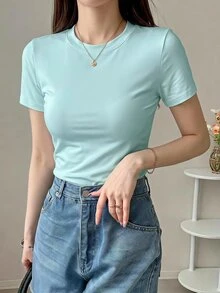 DAZY 女款素色圓領修身短袖內搭T恤 - 薄荷綠 - 查看 3