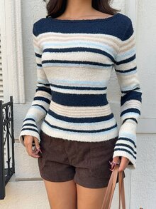 Autumina Women's Casual Versatile Fitted Contrast Color Striped Bell Sleeve Daily Commute Outfit Autumn/Winter Asymmetrical Shoulder/Regular Shoulder Sweater - Multicolor - View 6