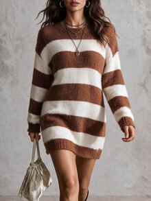 Solivie Women's Autumn/Winter Mink Fur Dress, Camel Color Striped - Camel - View 1