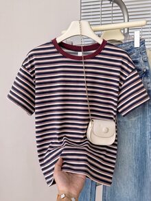 Muvela Women's Casual Round Neck Short Sleeve T-Shirt, Striped T-Shirt - Multicolor - View 5