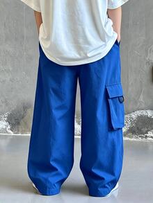SHEIN 青少年男孩休閒日常舒適工裝直筒寬鬆長褲，黑色工裝褲，新年，6-7歲，適合外出、出遊、上學，春、夏、秋、冬 - 寶藍色 - 查看 3