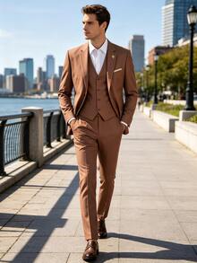 EGENSIO Men's Solid Color Single-Breasted Vest, Long Sleeve Jacket And Trousers Fashion Suit 3 Pieces Set - Coffee Brown - View 4