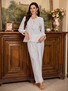 PalaceNights Women's Autumn/Winter Velvet Royal Style Embroidered Lace Tie Long Sleeve Pajama Set - White - View 1
