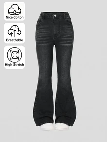 SHEIN 女童 Y2K 復古石洗黑色彈性喇叭腿緊身褲，休閒修身高腰喇叭褲，街頭時尚四季百搭，青少年女孩喇叭牛仔褲 - 黑色 - 查看 1