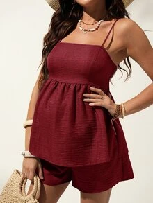 SHEIN Women's Casual Vacation Solid Color Ruffle Collar Cardigan And Shorts Maternity Set, Spring/Summer - Burgundy - View 9