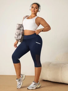 Slayform Women's Plus Size High Waist Contrast Mesh 7/8 Length Sports Leggings - Navy Blue - View 6