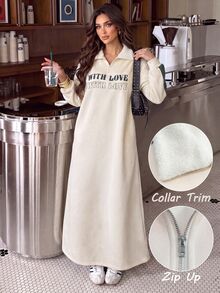 Mulvari Eggshell-Colored Collar Half-Zip Green Lettered Fleece Color-Block Long-Sleeved Casual Dress Fall/Winter - Apricot - View 3