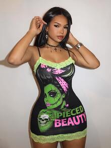 Slaydiva Halloween - Green Monster Lace Patchwork Sexy Hot Mini Bodycon Dress - A - Multicolor - View 5