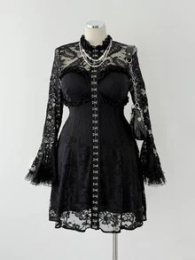 Sunspun Plus Size Women's Contrast Lace Bell Sleeve Dark Style Dress - Black - View 5