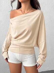 SHEIN EZwear 女款純色百褶不對稱領長袖連帽衛衣，畢業季/返校穿搭，畢業禮服，女教師服裝，秋冬返校 - 杏色 - 查看 5