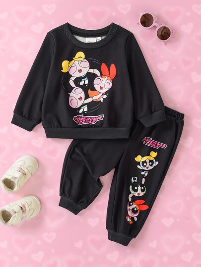 THE POWERPUFF GIRLS X SHEIN طقم كاجوال للبنات الرضع ببلوزة رياضية طويلة الأكمام وبنطال رياضي بطبعة كرتونية