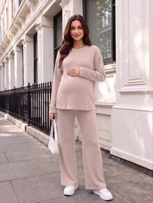 SHEIN 孕婦純色圓領長袖T恤與可調節腰圍長褲休閒兩件套 - 粉色 - 查看 9