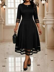 SHEIN Lady Women's Solid Color Round Neck Contrast Mesh 3/4 Sleeve Elegant Mid-Length Dress - White - View 4