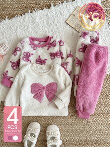 SHEIN 4Pcs Toddler Girl Sweatshirt + Pants Set Cute Pink White Bowknot Print Bow Fuzzy Fleece Long Sleeve Round Neck Thick Holiday Winter Princess Plush - Purple - View 3