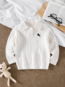SHEIN 女童休閒百搭刺繡細節針織衫，秋冬女童服飾 - 米色 - 查看 1