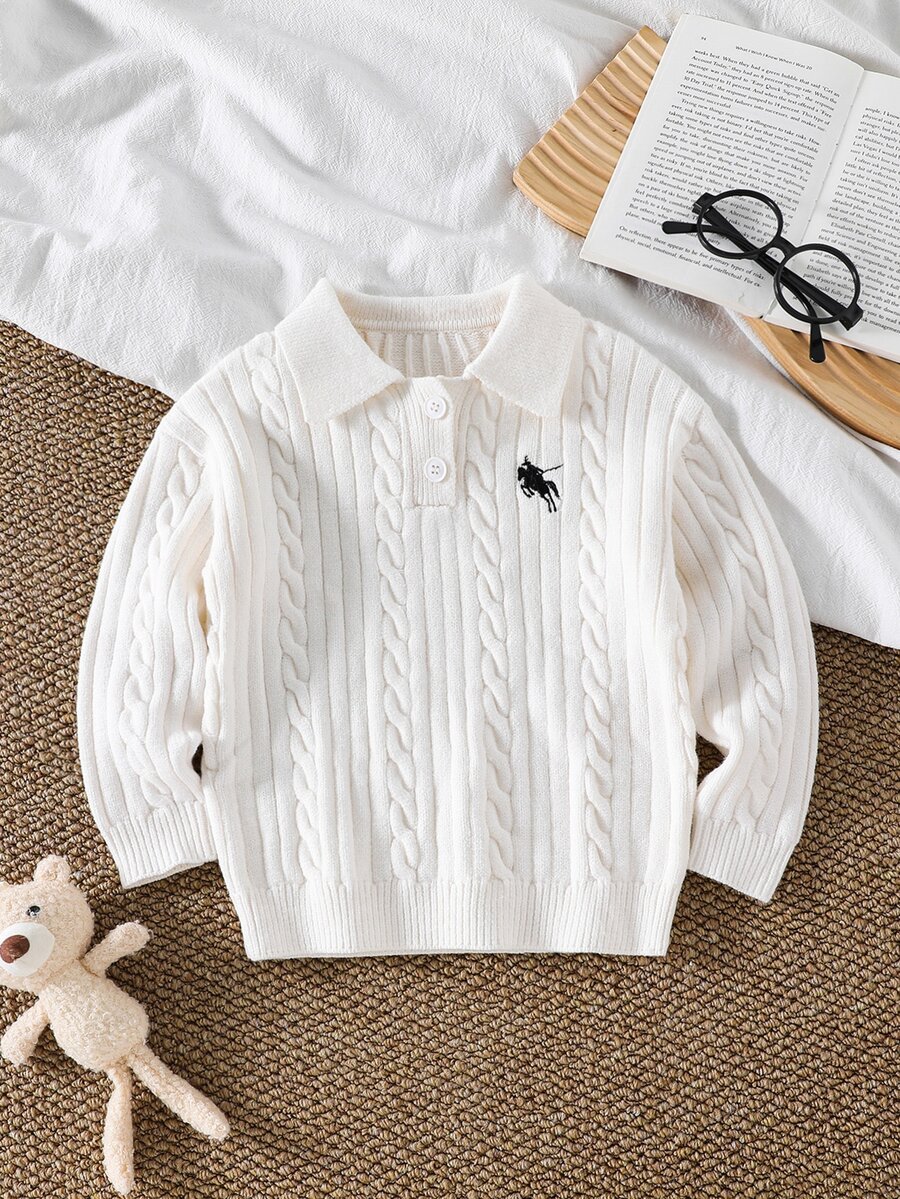 SHEIN 女童休閒百搭刺繡細節針織衫,秋冬女童服飾 - 米色 - 查看 1