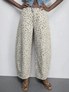 Maija Women's Leopard Print Pocket Tapered Loose Casual Denim Jeans - Multicolor - View 5