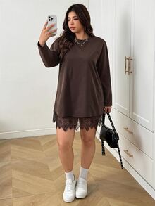 SHEIN EZwear 秋冬巧克力棕大尺碼女款對比蕾絲下擺洋裝 - 巧克力棕 - 查看 3