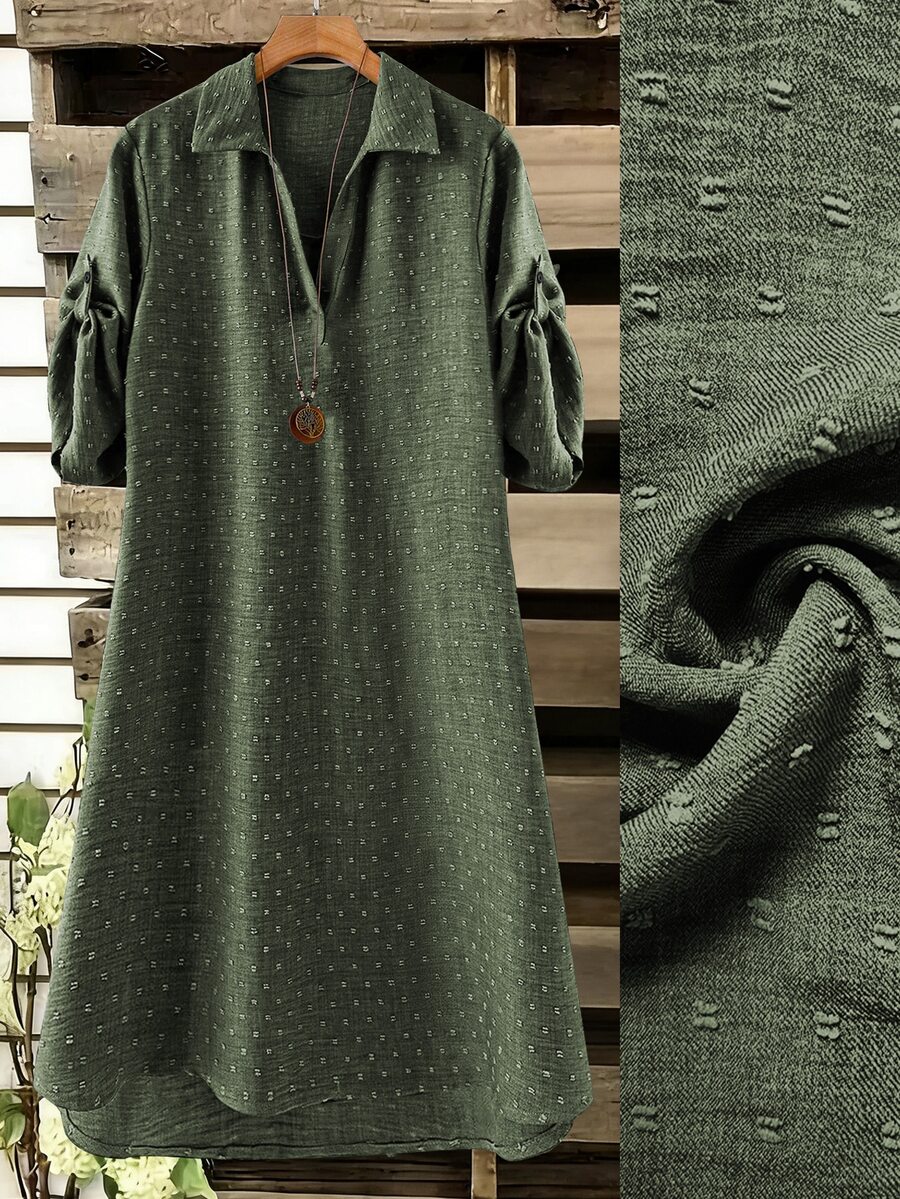 SHEIN 大尺碼女款法式休閒優雅V領長袖洋裝 - 軍綠色 - 查看 1