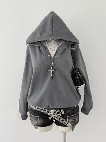Sunspun Plus Size Button Half-Placket Long Sleeve Hooded Sweatshirt - Dark Grey - View 4