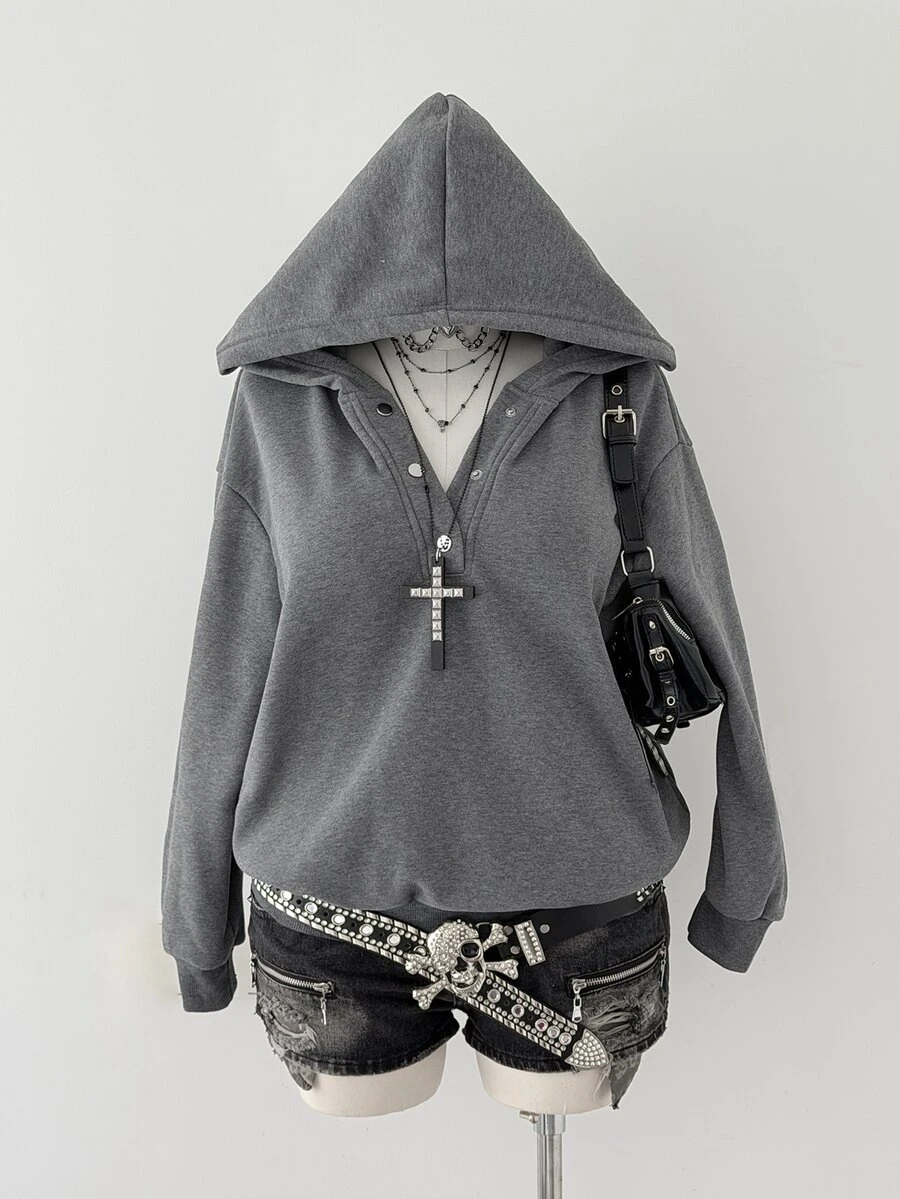 Sunspun Plus Size Button Half-Placket Long Sleeve Hooded Sweatshirt Winter - Dark Grey - View 1
