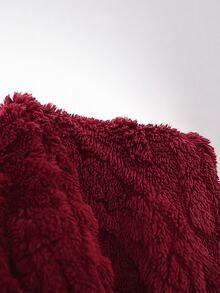 SHEIN EZwear 冬季寬鬆休閒白色凹凸毛絨落肩口袋拼接長袖連帽外套 - 酒紅色 - 查看 6