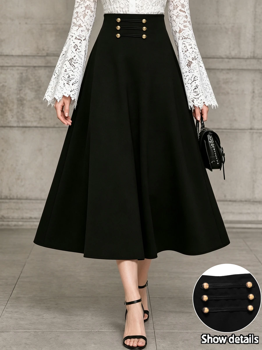 Velvienne Plus Size Women's Autumn/Winter Elegant Vintage Black Waist-Cinching A-Line Chinese Style Frog Button Decor Slimming Versatile Mid-Length Skirt - Black - View 1