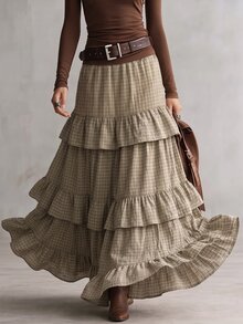 INAWLY Solva Women's Plaid Pleated Casual Versatile Skirt - Khaki - View 1