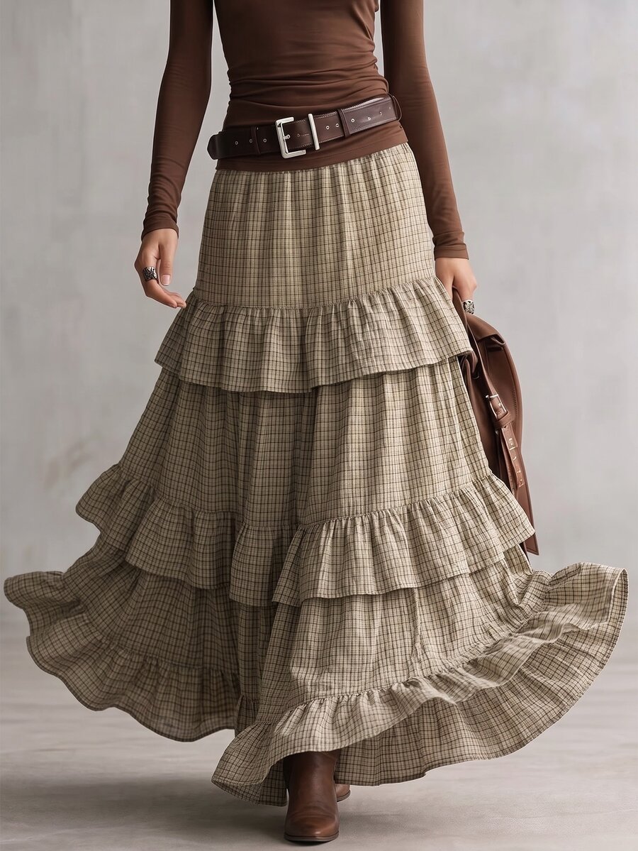 INAWLY Solva Women's Plaid Pleated Casual Versatile Skirt - Khaki - View 1
