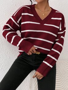 SHEIN Frenchy V領條紋落肩針織毛衣，秋冬休閒聖誕風酒紅色/波爾多紅 - 酒紅色 - 查看 7