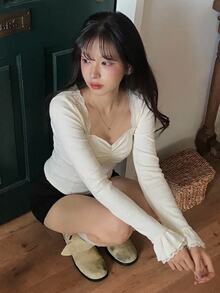 DAZY Contrast Lace Fitted Long Sleeve Square Neck Elegant Casual Vacation Korean Style Spring Autumn Women's T-Shirt - White - View 7