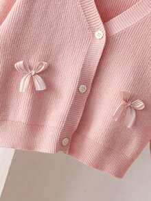 SHEIN Vintaside Kids 4-7歲女童撞色3D蝴蝶結V領羅紋針織開襟衫，小女孩春秋校園戶外百搭寬鬆長袖針織外套 - 粉色 - 查看 4