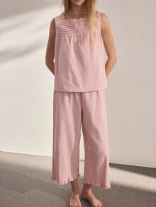 Ocili 女款純色上衣與長褲休閒日常居家服套裝 - 粉色 - 查看 5