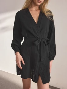Ocili Leisure Pure Cotton Double Layer Crepe Fabric Minimalist Comfortable Neutral Soft Long Sleeve Robe Pajamas Women's Loungewear - Black - View 6