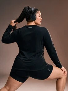 Powerista Women's Plus Size Long Sleeve Crew Neck Top And Shorts Sports Set - Black - View 4